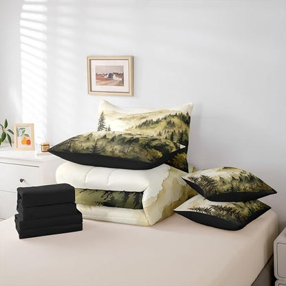 Erosebridal Yellow Misty Forest Queen Bedding Set 7 Piece Mountain Foggy Woodland Bed in A Bag with Sheets Rustic Pine Tree Comforter Set for Kids Adults,Watercolor Nature Theme Bed Sets