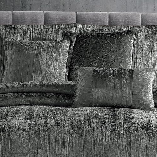 Riverbrook Home Turin Crinkle Velvet Comforter Bedding Set, Queen Size, Glam Textured Décor, Charcoal, 7 Pieces
