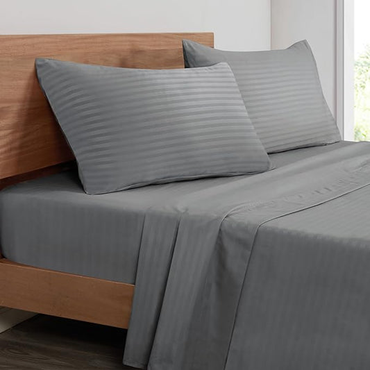Mejoroom Striped Grey-01 1800 Thread Count Queen Sheet Set - Hypoallergenic, Deep Pocket, Breathable, Wrinkle & Stain Resistant - 4 Piece