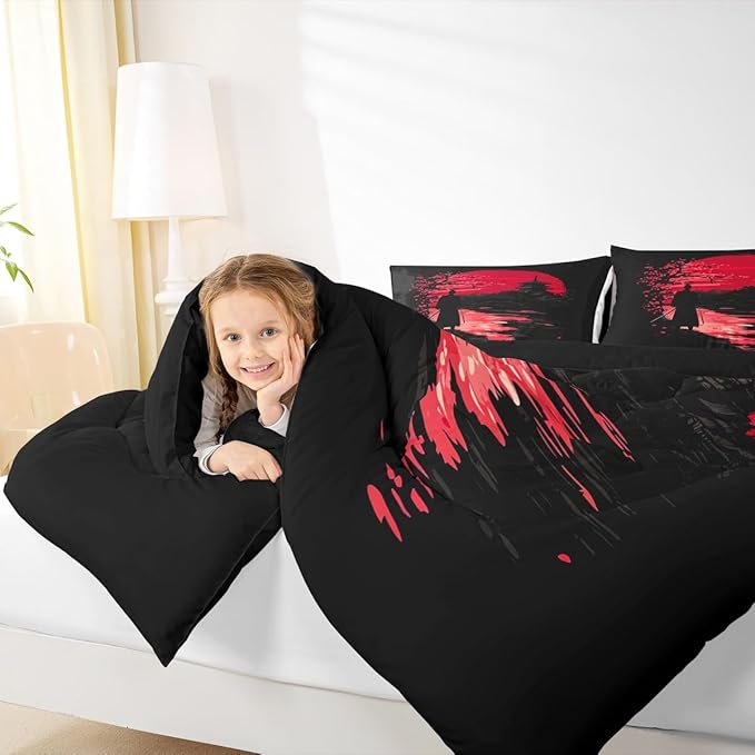 Erosebridal Samurai Comforter Set, Sunset Bedding Set, Japanese Samurai Warm Soft Down Comforter, Scenery Silhouette Bedroom Decor 3Pcs Duvet Set for Men Boys Teens, Full Size