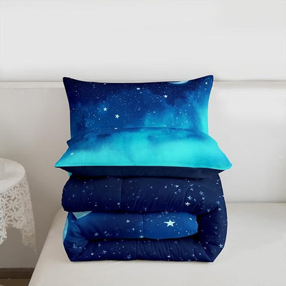 Aesthetic Bedding Set Queen,3 Piece Star Moon Galaxy Comforter Set for Kids,Kawaii Bed Set Star Space Down Comforter,Soft Reversible Starry Sky Duvet Insert with 2 Pillow Shams(Navy Blue Gradient)