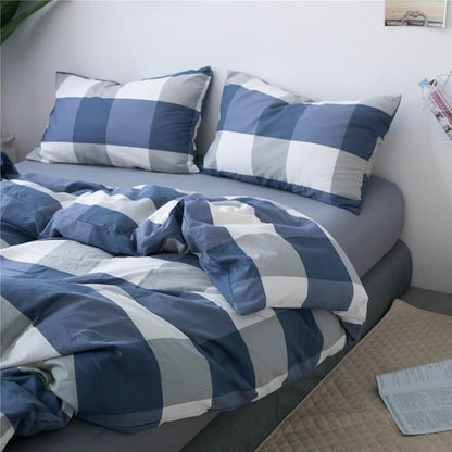 LifeTB Blue White Plaid Duvet Cover Queen Modern Soft 100% Cotton Comforter Cover Simple Style Plaid Grid Duvet Cover with 2 Pillowcases Blue White Grey Checked Bedding Set Full Queen