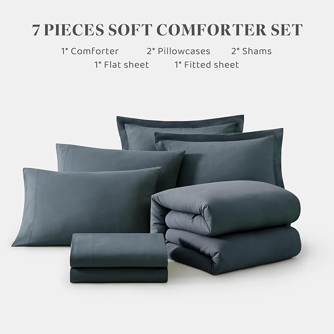 WRENSONGE King Size Comforter Set- 7 Pieces Blue Grey Bed in a Bag King with Fitted Sheet, Flat Sheet, 2 Pillow Shams, and 2 Pillowcases-Warm King Bedding Set for All Season