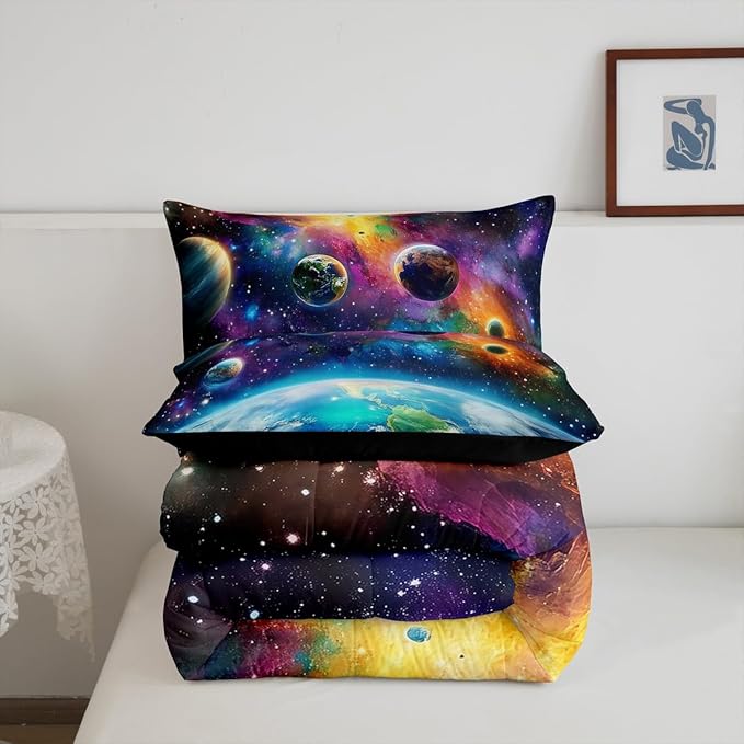 Feelyou Universe Galaxy Comforter Set King Size Kids Planets Earth Bedding Set Boy Girl Teen Solar System Comforter Breathable Outer Space Duvet Set Nebula Quilt Set