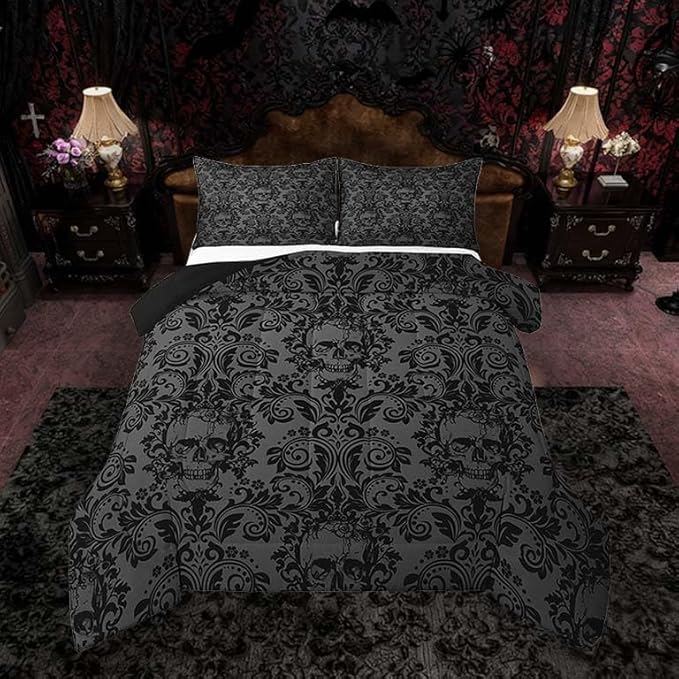Feelyou Adults Gothic Comforter Set King Size Dark Olive Green Damask Comforter Skull Bohemia Boho Bedding Set Goth Duvet Set Vintage Victorian Baroque Floral Quilt Set 3Pcs