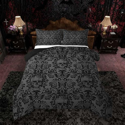Feelyou Adults Gothic Comforter Set King Size Dark Olive Green Damask Comforter Skull Bohemia Boho Bedding Set Goth Duvet Set Vintage Victorian Baroque Floral Quilt Set 3Pcs