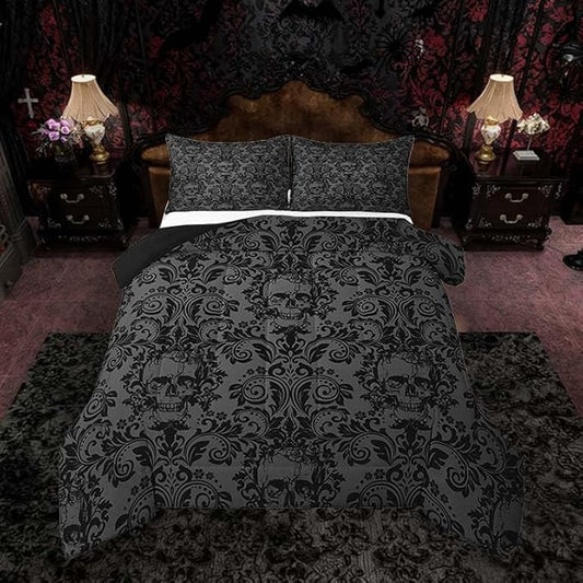 Feelyou Adults Gothic Comforter Set King Size Dark Olive Green Damask Comforter Skull Bohemia Boho Bedding Set Goth Duvet Set Vintage Victorian Baroque Floral Quilt Set 3Pcs