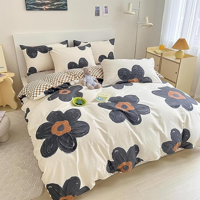CLOTHKNOW Black Floral King Size Comforter Set Sunflower Bedding Comforter Sets Brown Plaid Comforter Boho Comforter with 2 x Pillow Cases