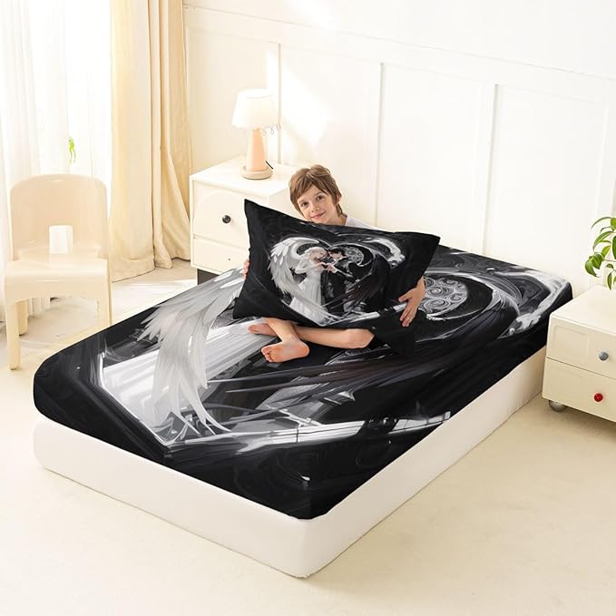 Erosebridal Angel Wings Sheets for Boys Girls Black and White Angel Fitted Sheet,Romance Love Kids Bedding Sets Princess Fairy Style Bed Sets Twin 2 Piece