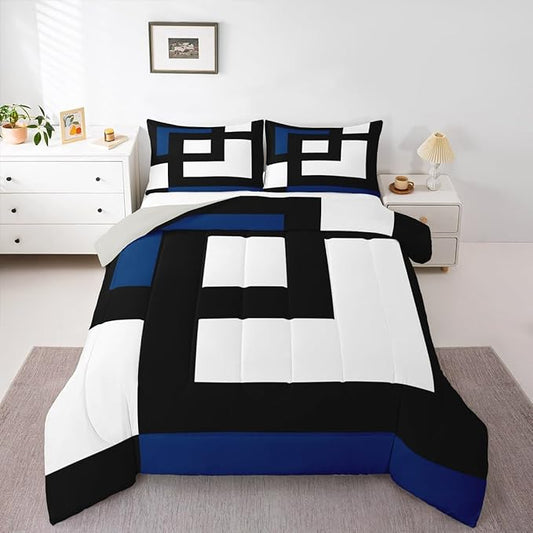 Erosebridal Blue Black and White Striped Twin Bedding Sets for Adult Women Men Square Abstract Comforter Set Modern Geometric Stripes Bold Lines Quilt Set Minimalist Plaids Bed Collections