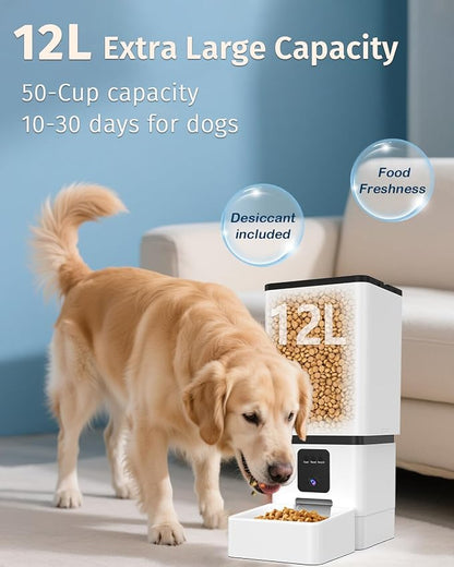 Automatic Dog Feeder Large Breed: 12L/50 Cup Capacity for Kibble up to 20mm | Anti-Clog Dog Food Dispenser - HD 1080P Camera for Remote Mealtime Check-Ins - WiFi App Scheduling Easy Setup by Yakry