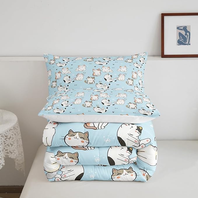 Erosebridal Cat Duvet Insert King, Kawaii Garfield Cat Bedding Set for Kids Boys Girls, Paw Print Love Heart Comforter Set, Cartoon Animals Soft Quilt 3 Pieces, Blue