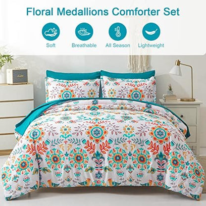 DHSFKBE Boho Comforter Set King - 7 Pieces Bed in a Bag Floral Medallions Design, Bohemian Comforter Set with Sheets, Soft Microfiber Complete Bedding Sets All Season (Teal Blue, King)