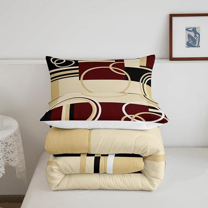 Erosebridal Modern Geometric Comforter Set Red Brown Black Stripes Down Comforter Full Size Retro Circle Swirls Bedding Set Bedroom Decor Abstract Texture Color Art Comforter for Kids Adult