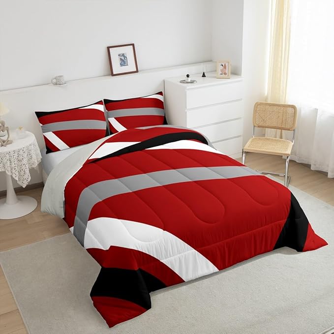 Erosebridal Red Gray Black Striped Twin Bedding Sets for Adult Women Men Modern Abstract Comforter Set Geometric Lines Quilt Duvet Set Aesthetic Boho Bedding Collections