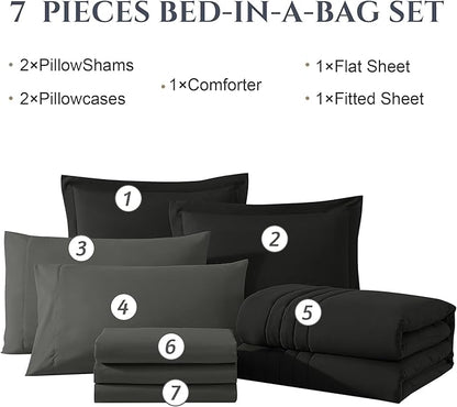 Monbix King Size Comforter Set - 7 Pieces Bed in a Bag King, Black Bedding Sets with Comforter, All Seasons Comforter Bed Set with Sheets, Pillowcases & Shams