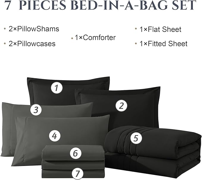 Monbix Oversized King Size Comforter Set - 7 Pieces Black Bed in a Bag Oversized King Bedding Sets with Comforters, All Seasons Comforter Bed Set with Sheets,Pillowcases & Shams