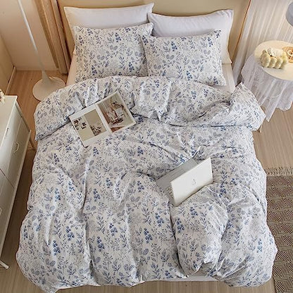 VM VOUGEMARKET Duvet Cover Full 3 PCS Blue Floral Bedding Set Botanical Printed on White Duvet Cover Soft Cotton Comforter Cover with Zipper Closure 4 Ties for Teen Girls-80x90 Inch
