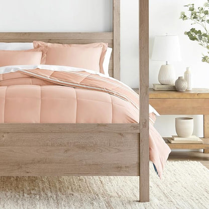 LINENS & HUTCH Comforter Set Patterned Microfiber All Season Down-Alternative Ultra Soft Bedding in Soft Stripe - King/Cal-King Soft Stripe Rose