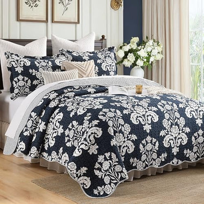Quilts Queen Size - 100% Cotton Navy Blue Quilt with Shams, 90x98