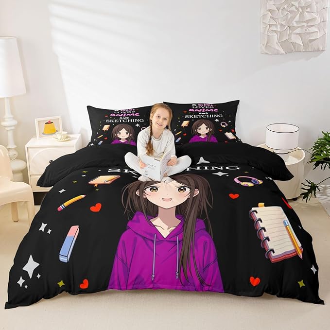 Erosebridal Japanese Girl Bedding Set Anime Cartoon Full Down Comforter Japanese Style Girly Black Comforter Set Aesthetic Cool Anime Modern Art Quilt Set for Kids Bedroom Decor