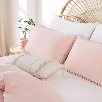 YIRDDEO Full Size Comforter Sets - Full Size Comforter with Ball Pom Fringe, Soft Bedding Set for All Seasons - 3 Pieces, 1 Comforter (79"x90") & 2 Pillow Shams(20"x26"), Blush