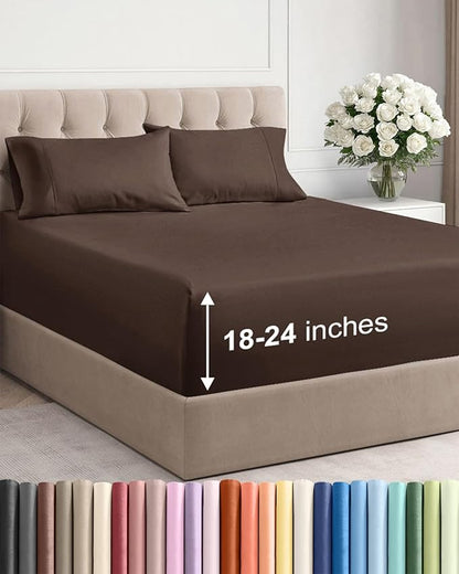 Extra Deep Twin XL Sheet Set - 4 Piece Breathable and Cooling Sheets - Hotel Luxury Bedding for Women, Men, Kids & Teens - Easy & Secure Fit - Soft, Wrinkle Free and Comfy - Extra Deep Pockets - Brown
