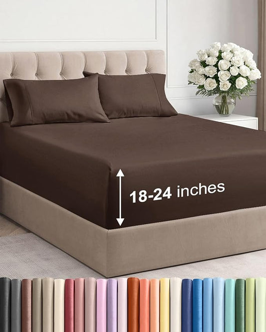 Extra Deep Twin XL Sheet Set - 4 Piece Breathable and Cooling Sheets - Hotel Luxury Bedding for Women, Men, Kids & Teens - Easy & Secure Fit - Soft, Wrinkle Free and Comfy - Extra Deep Pockets - Brown