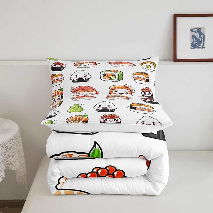 Feelyou Sushi Pattern Comforter Set Japanese-Style Bedding Set for Kids Boys Girls Teens Food Theme Comforter Cute Cartoon Japanese Sushi Duvet Set Room Decor Quilt Set Full Size Microfiber