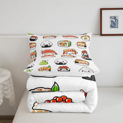 Feelyou Sushi Pattern Comforter Set Japanese-Style Bedding Set for Kids Boys Girls Teens Food Theme Comforter Cute Cartoon Japanese Sushi Duvet Set Room Decor Quilt Set Full Size Microfiber