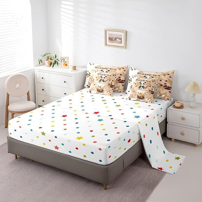 7 Pcs Cartoon Bubble Milk Tea Bedding Sets with Sheets,Comforter,Pillowcases,Pillow Covers Khaki Stars Lovely Milk Graffiti Decor Comforter Set for Kids Boys Girls Teens Bedroom Dorm Bed Set King Size