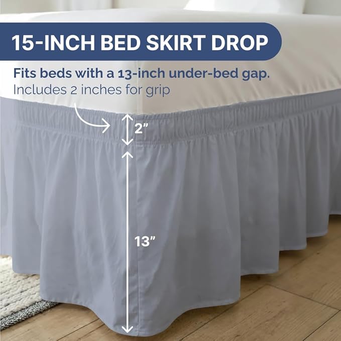 Wrap Around Dust Ruffle Bed Skirt - Steel Blue - for Full Size Beds w/ 15 Inch Drop - Easy Fit Elastic Strap - Adjustable Pleated Bedskirt w/Brushed Fabric - Wrinkle Free, Women, Men, Kids & Teens