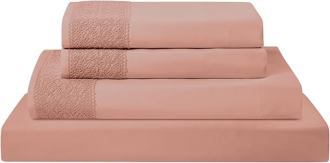 Modern Threads 4 Piece Microfiber Sheet Set – Soft Cooling Bed Sheets with Crochet Lace – Deep Pocket, Wrinkle Free, Breathable, Hotel Luxury Bedding, Rose Pink, Full