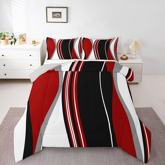 Erosebridal Red and Black Striped Twin Bedding Sets for Adult Women Men Grey Modern Abstract Comforter Set Geometric Stripes Lines Quilt Duvet Set Contemporary Art Boho Bed Collections for Minimalist