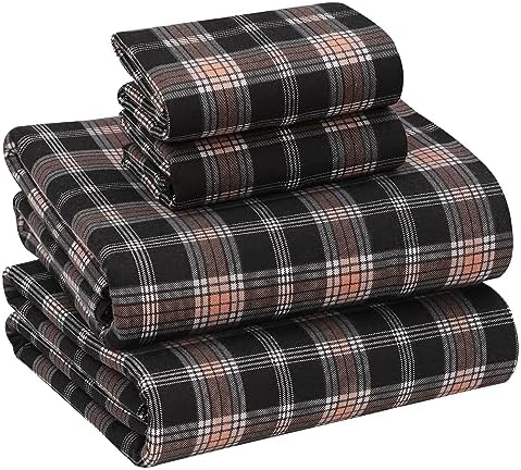 RUVANTI Flannel Sheets Set Queen Size,Peach & Black Plaid