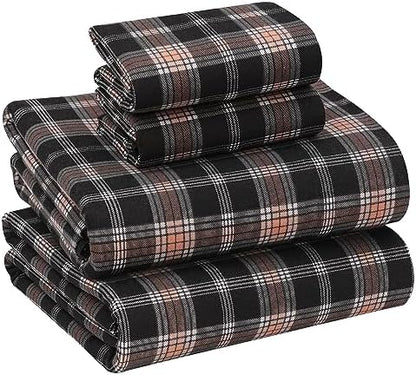 RUVANTI Flannel Sheets Set Queen Size,Peach & Black Plaid