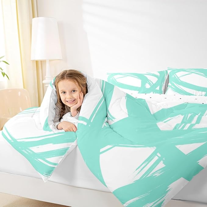 Turquoise and White Abstarct Comforter Set Twin Size for Kids Boys Girs,Graffiti Stripes Lines Bedding Set,Aesthetic Geometric Duvet Insert for Minimalists,Contemporary Boho Modern Art Quilt