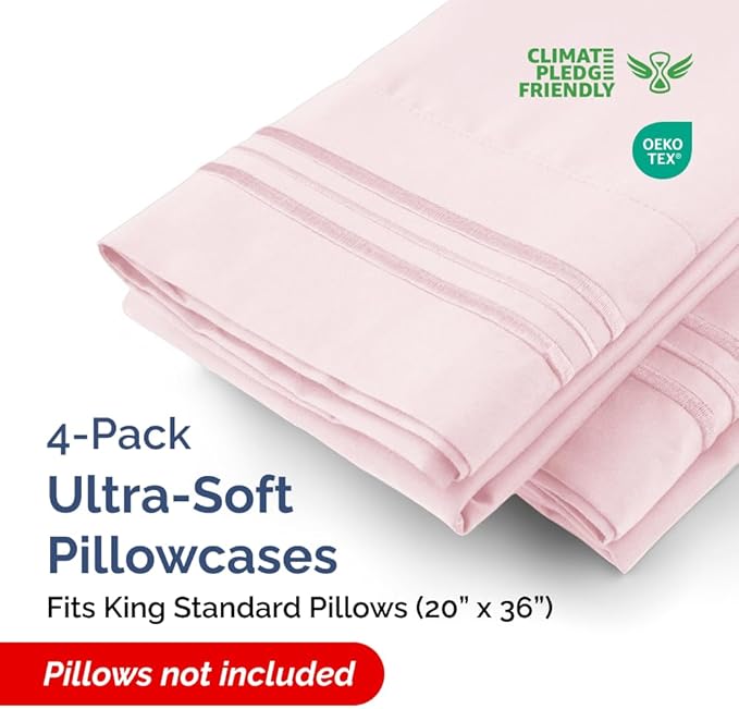King Standard Pillow Cases Set of 4 - Soft Hotel Quality Pillowcase Covers - Comfy Bedding for Women, Men, Kids & Teens - Machine Washable Pillow Protectors - 4 Piece Set - King Standard Lavender Pink