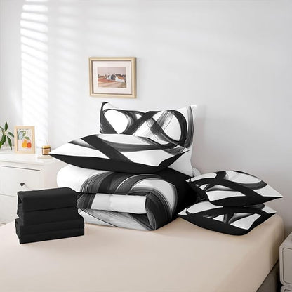 Erosebridal Abstract Modern Black White 7 Piece Comforter Set Twin Bed in A Bag Neutral Minimalist Lines Bedding Set for Boys Men Geometric Sheet Set Contemporary Art Simple Quilt Room Decor