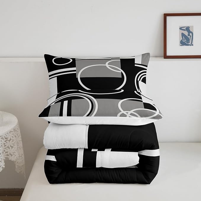 Erosebridal Modern Grey Black Striped Comforter Set Geometric Down Comforter King Size Retro Circle Swirls Bedding Set Bedroom Decor Abstract Texture Color Art Comforter for Kids Adult