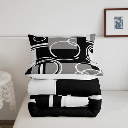 Erosebridal Modern Grey Black Striped Comforter Set Geometric Down Comforter King Size Retro Circle Swirls Bedding Set Bedroom Decor Abstract Texture Color Art Comforter for Kids Adult