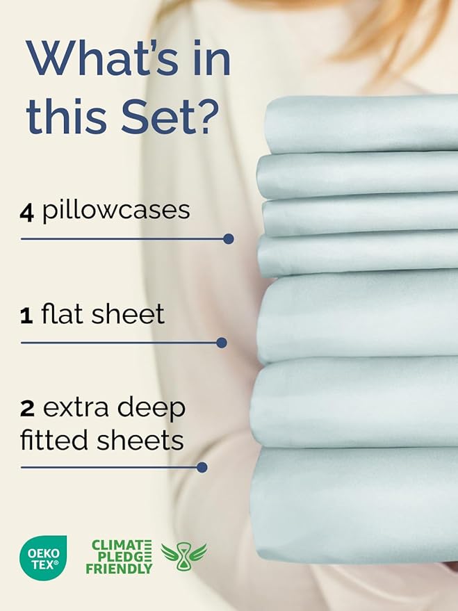 Extra Deep Split King Sheet Set - 7 Piece Breathable and Cooling Sheets - Hotel Luxury Bedding for Women, Men, Kids & Teens - Easy & Secure Fit - Soft and Wrinkle Free - Extra Deep Pockets - Ice Blue