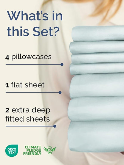 Extra Deep Split King Sheet Set - 7 Piece Breathable and Cooling Sheets - Hotel Luxury Bedding for Women, Men, Kids & Teens - Easy & Secure Fit - Soft and Wrinkle Free - Extra Deep Pockets - Ice Blue