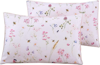 WINLIFE 100% Cotton Pillowcases King Size Pink Floral Bees Printed Pillow Cover 2 Pack, Super Soft Envelope Closure King Pillow Case Set (King, 20"x36")