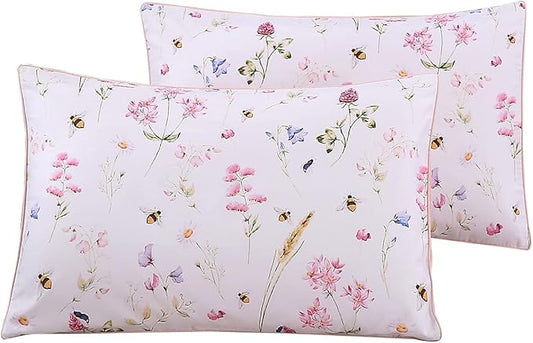 WINLIFE 100% Cotton Pillowcases Queen Size Pink Floral Bees Printed Pillow Cover 2 Pack, Super Soft Envelope Closure Queen Pillow Case Set (Queen, 20"x30")