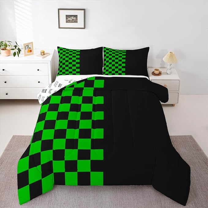 Geometric Plaid Kids Bedding Set Queen Size,Patchwork Grid Video Games Comforter Set，Simple Lattice Abstract Quilt Comforter,Black & Green Bedroom Duvet Insert,2 Pillowcases