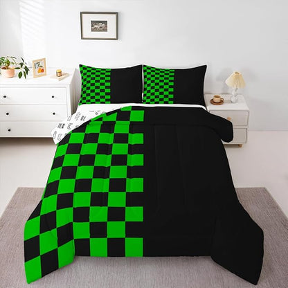 Geometric Plaid Kids Comforter Set Full Size,Patchwork Grid Video Games Bedding Set,Boys Room Decor,Simple Lattice Abstract Quilt Comforter,Black & Green Duvet Set Bedroom Quilt Set,2 Pillowcases