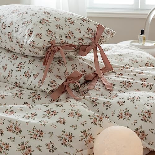 mixinni Vintage Style Girls Pale Pink Flower Pattern Duvet Cover Queen Soft Aesthetic Floral Cotton Bedding Set 1 Duvet Cover with 2 Bow Tie Pillowcases for Women-Queen Size