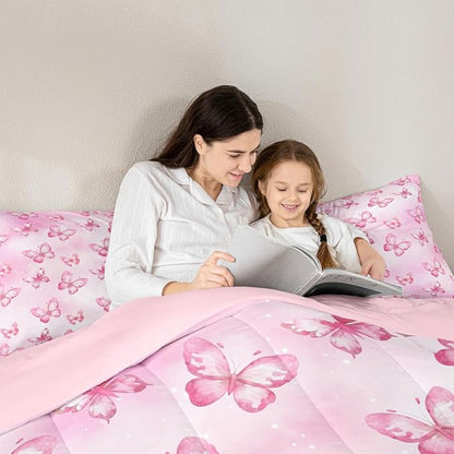 Erosebridal Pink Butterfly Comforter Set for Kids Boys Girls 3D Pink Dreamy Butterfly Bedding Colorful Ink Stick Printing Duvet Set All Season Microfiber Comforter Full with 2 Pillowcases