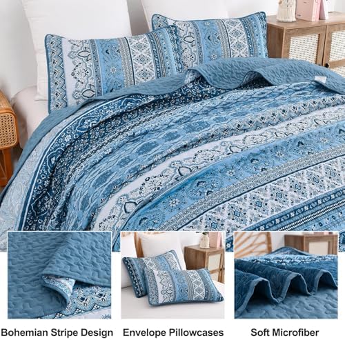 WONGS BEDDING Blue Quilt California King Size,3 Pcs Bedspread Bedding Set